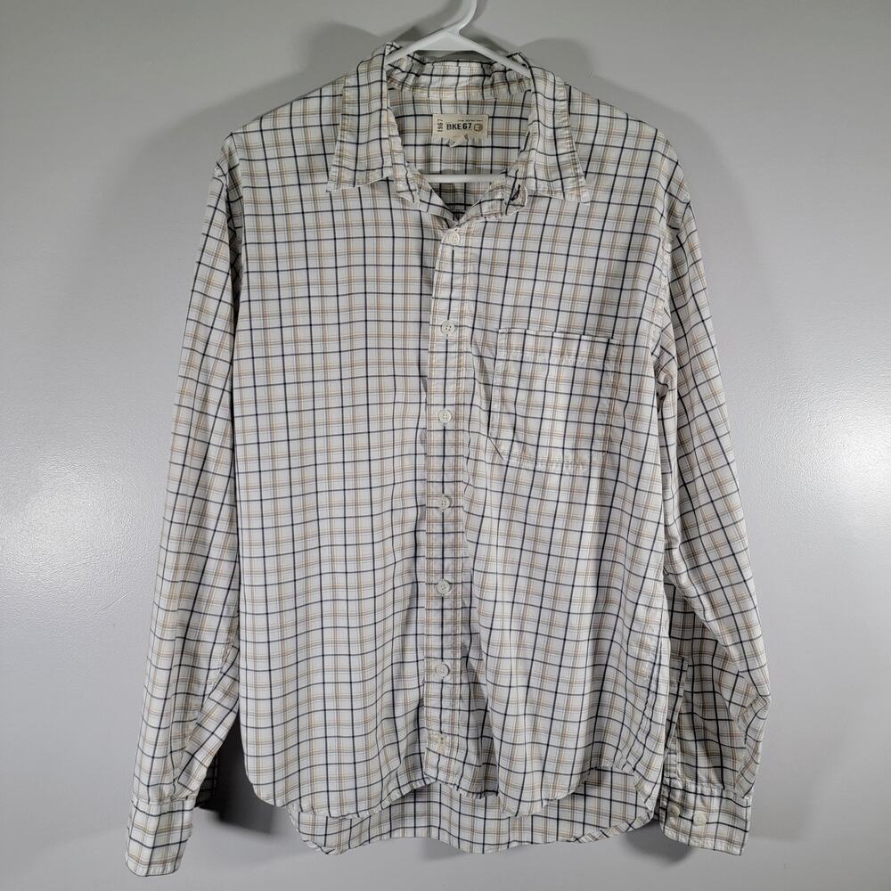 BKE Button Up Shirt Mens Sz L White Navy Gold Plaid Business Casual Rodeo Office